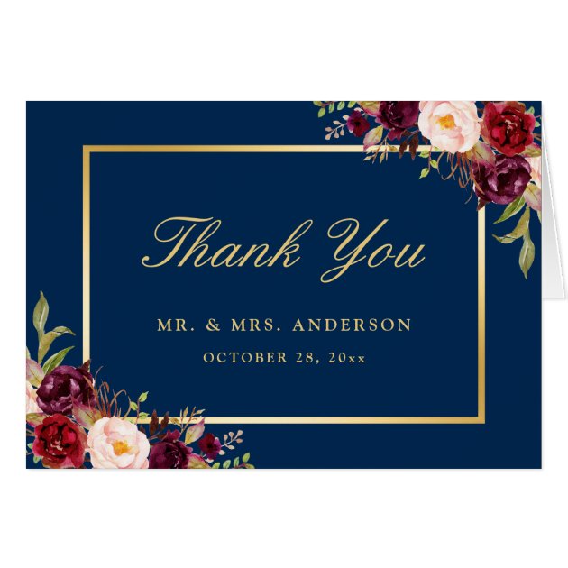 Burgundy Peony Floral Gold Navy Blue Thank You Card