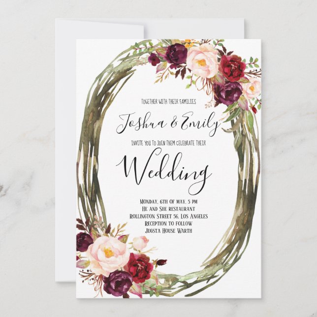 Burgundy Peony Floral Wedding Invitation (Front)