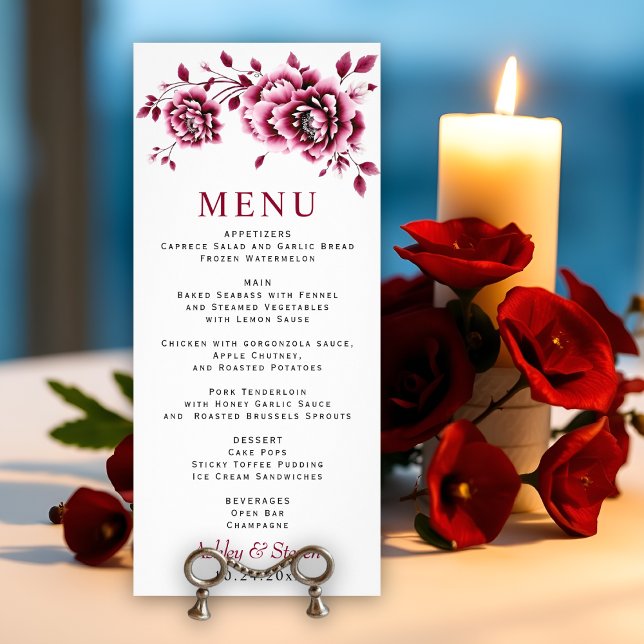 Burgundy peony flowers floral wedding menu card (Creator Uploaded)