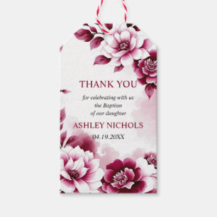 Burgundy peony flowers girl baptism Thank You Gift Tags