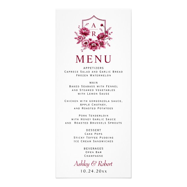 Burgundy peony flowers wedding floral menu card (Front)