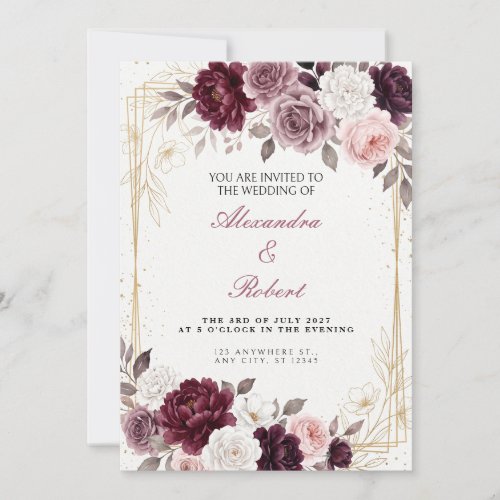 Burgundy Peony Gold Frame Wedding Invitation