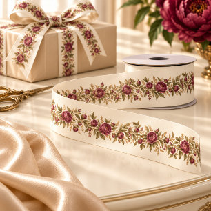 Burgundy Peony Ivory Botanical Floral Ribbon