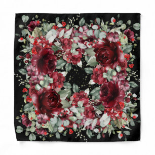 Burgundy Peony Silver Greenery Black Pocket Square Bandana