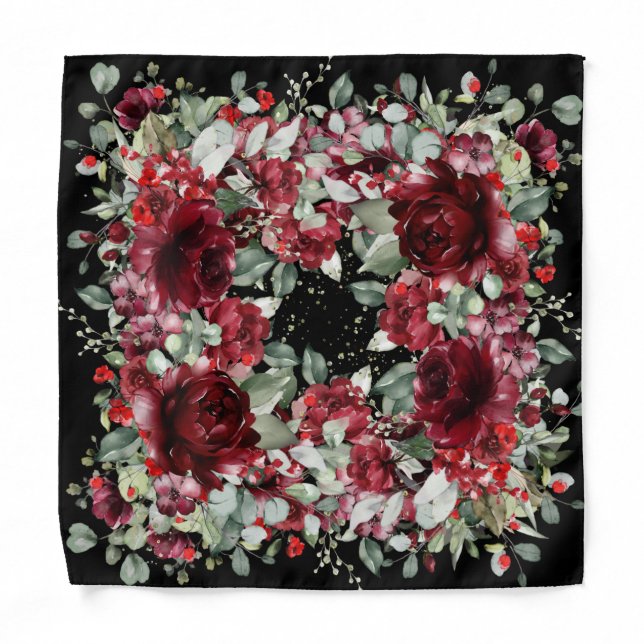 Burgundy Peony Silver Greenery Black Pocket Square Bandana (Front)