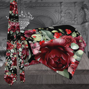 Burgundy Peony Silver Greenery Black Wedding Neck Tie