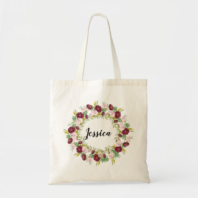 Burgundy Peony Wreath Personalized Bridesmaid Tote Bag (Front)