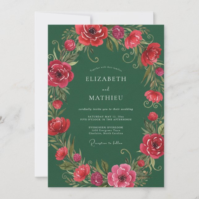 Burgundy Peony Wreath Wedding Invitation (Front)