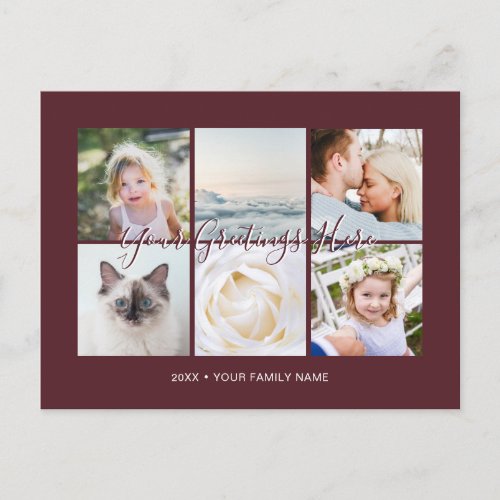 Burgundy Personalized 6 photos Universal Greetings Postcard