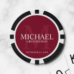 Burgundy Personalized Groomsmen's name&monogram Poker Chips<br><div class="desc">Add a personal touch to your wedding with personalized groomsmen poker chips. This design features personalized groomsman's name with title and wedding date in white and monogram in light burgundy red as background, in classic serif font style, on burgundy red background. Also perfect for best man, father of the bride...</div>