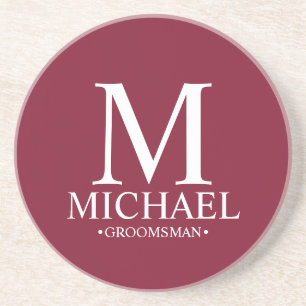 Burgundy Personalized Monogram and Name Groomsman Coaster