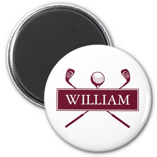 Burgundy Personalized Name Golf Ball Clubs Magnet