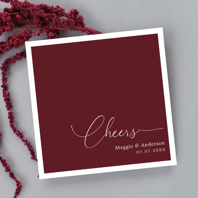 Burgundy Personalized Wedding Cocktail Napkins (Simply Elegant: Personalized Wedding Cheers Napkins)