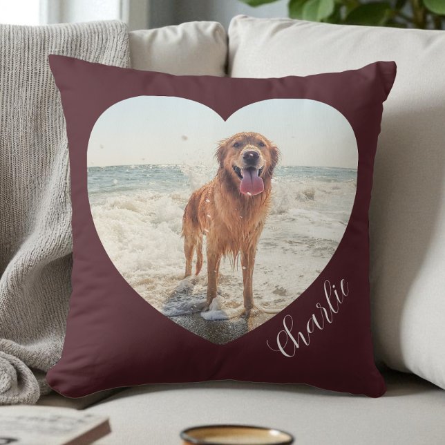 Burgundy Pet Heart Photo Script Personalized Dog Throw Pillow (Burgundy Pet Heart Photo Script Personalized Dog Throw Pillow)