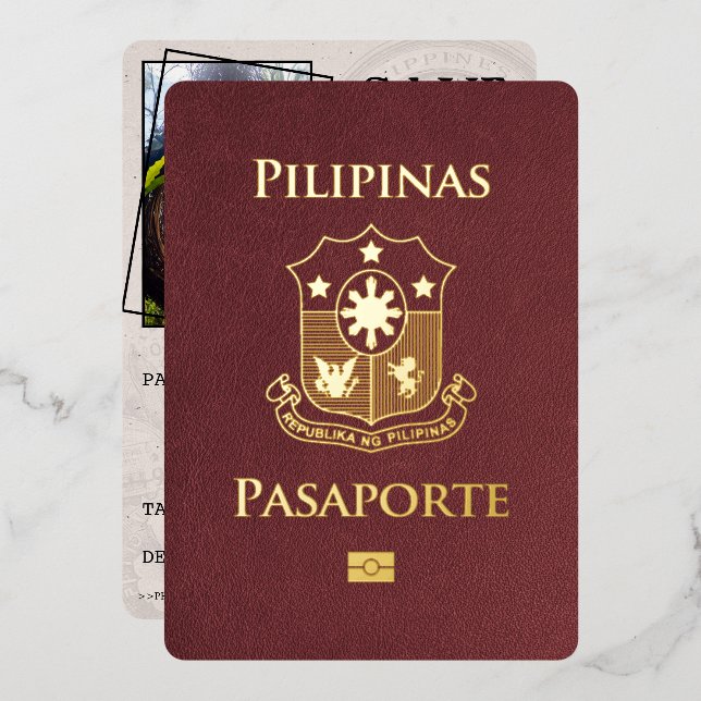Burgundy Philippines Passport Save The Date Foil Invitation (Front/Back)
