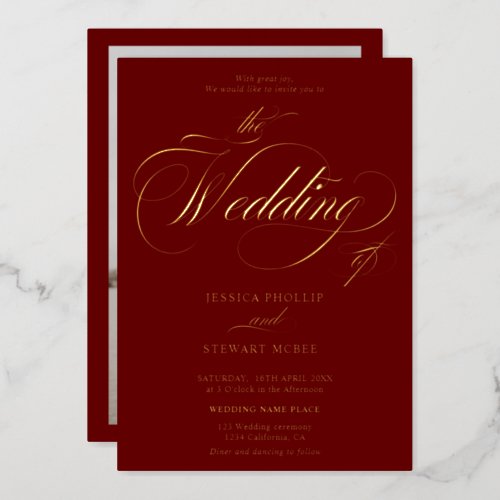 Burgundy photo calligraphy wedding gold foil invitation