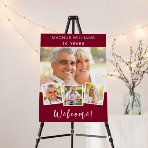 Burgundy photo collage birthday party welcome foam board