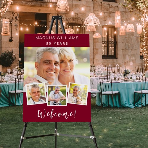 Burgundy photo collage birthday party welcome foam board