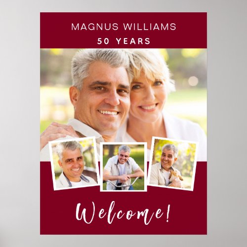 Burgundy photo collage birthday party welcome poster