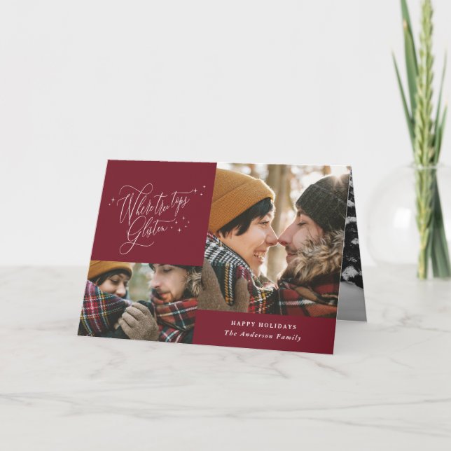 Burgundy photo collage elegant script Christmas Card (Front)