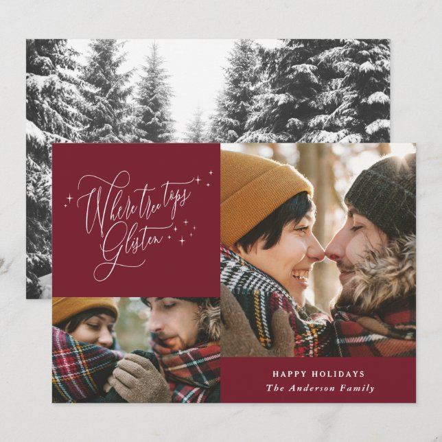 Burgundy photo collage elegant script Christmas Holiday Card (Front/Back)