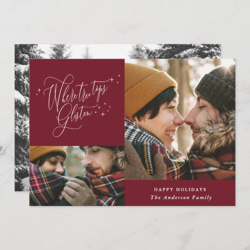 Burgundy photo collage elegant script Christmas Holiday Card