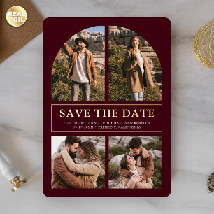  Burgundy Photo Collage Wedding Save the Date Gold Foil Invitation