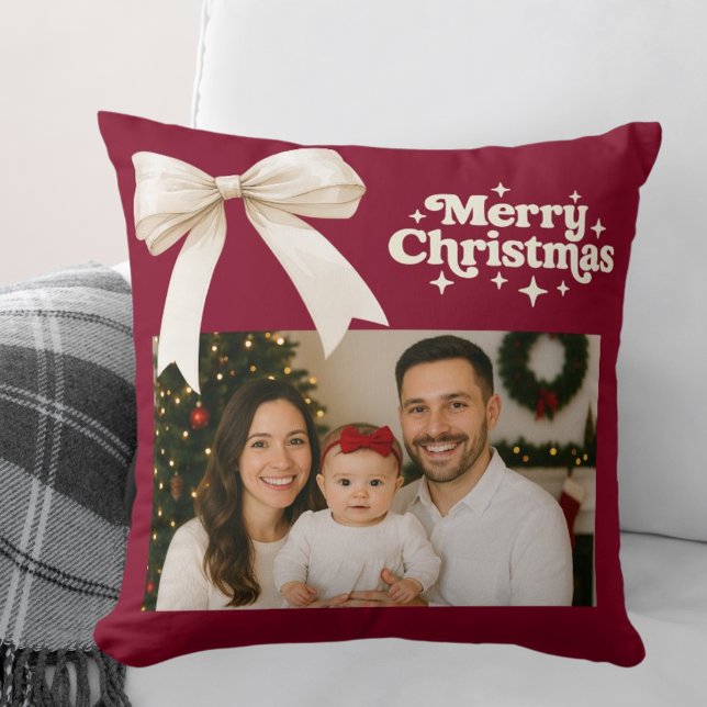 Burgundy photo cream bow Christmas Throw Pillow (Creator Uploaded)