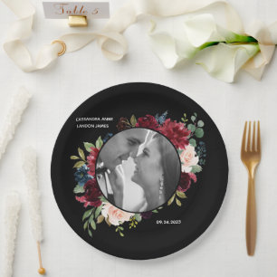 Burgundy Photo Floral Elegant Wedding Paper Plates