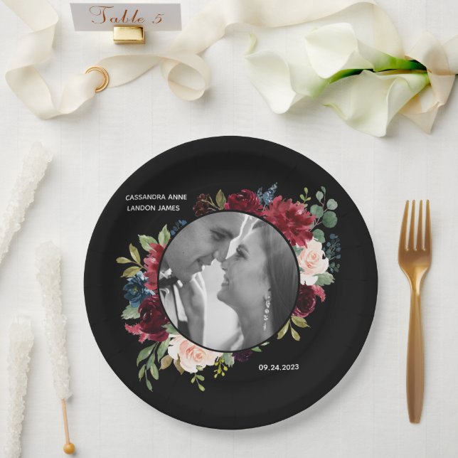 Burgundy Photo Floral Elegant Wedding Paper Plates (Wedding)