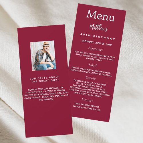 Burgundy photo fun facts birthday menu card