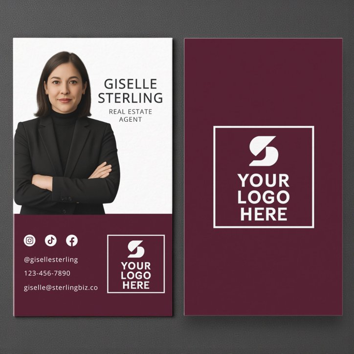 Burgundy Photo Logo Real Estate Agent Business Card