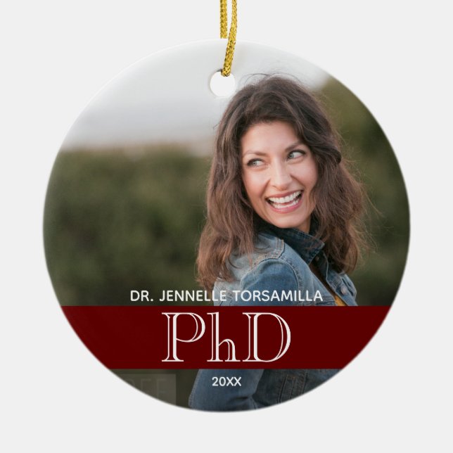 Burgundy Photo PhD Graduation Ceramic Ornament (Front)