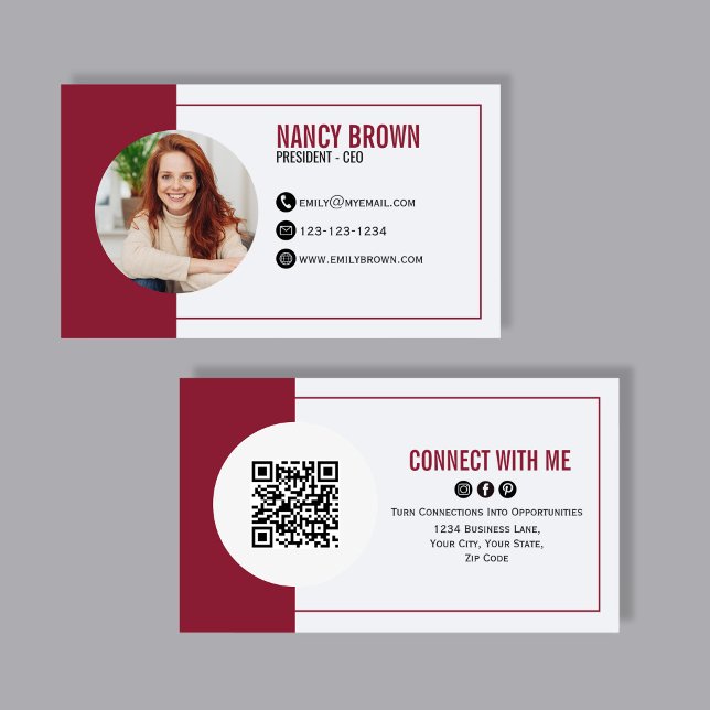 Burgundy Photo QR Code Connect With Me Business Card (Modern QR code business card with photo and bold red accents, perfect for stylish networking. )
