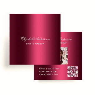 Burgundy photo qr code name premium square business card