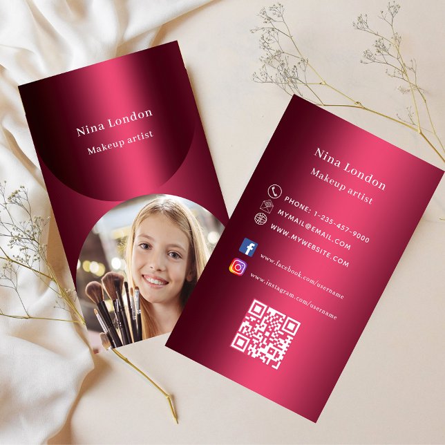 Burgundy photo Qr code social media Business Card (Creator Uploaded)