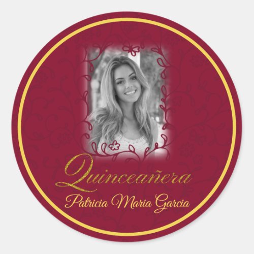 Burgundy photo quinceaera floral vines classic round sticker