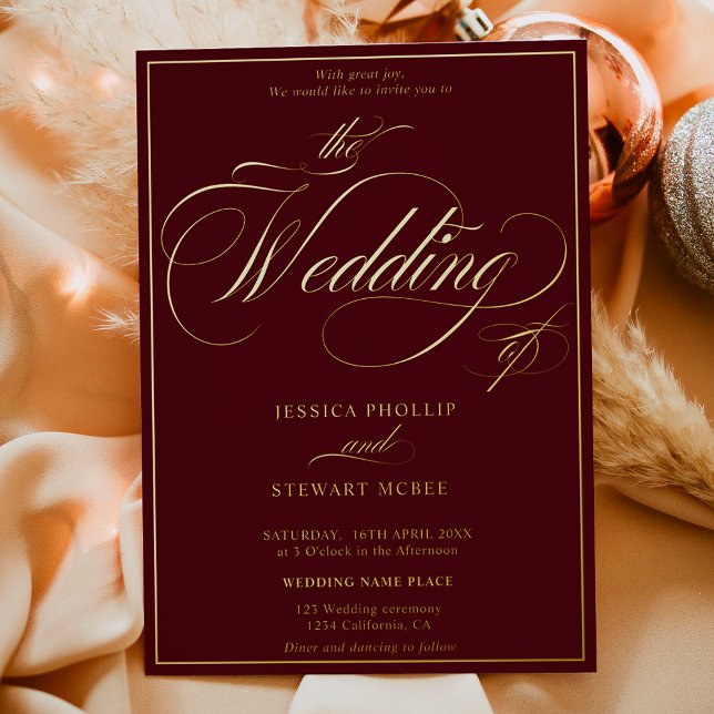 Burgundy photo script border wedding gold foil invitation (Burgundy photo script border wedding gold foil invitation)