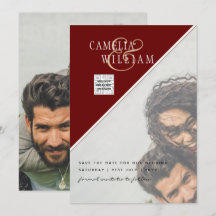 Burgundy Photo Wedding Invite Save Date QR Code