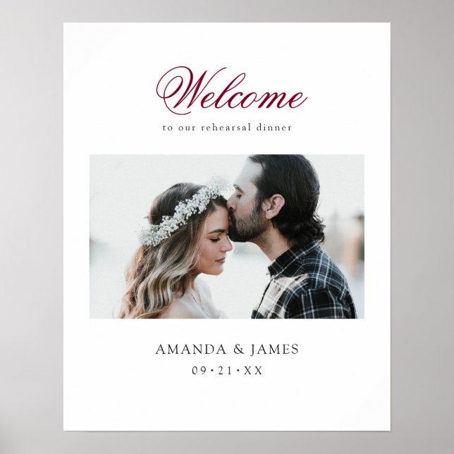 Burgundy Photo Wedding Rehearsal Dinner Welcome Poster (Front)