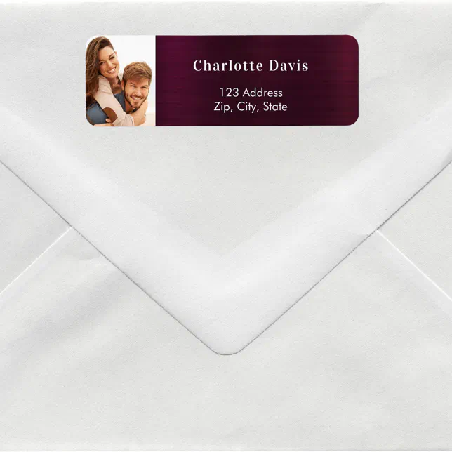 Burgundy photo wedding return address label | Zazzle