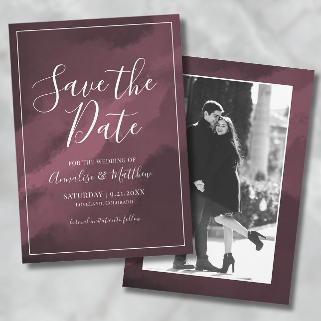 Burgundy Photo Wedding Save the Date Invitation (Watercolor Script Red Wedding Save the Date Invitation)