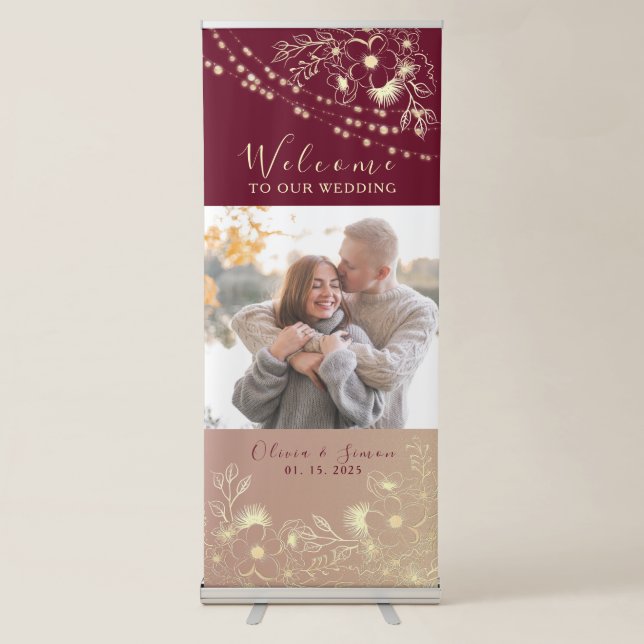Burgundy Photo Wedding Welcome Retractable Banner (Front)
