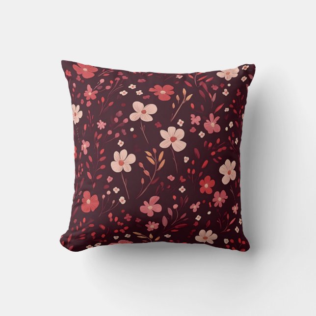 Burgundy Pillow with Pink and White Floral Pattern (Front)
