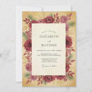 Burgundy Pine Bloom Vintage Wedding Invitation