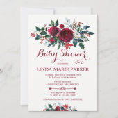 Burgundy pine green floral winter baby shower invitation (Front)