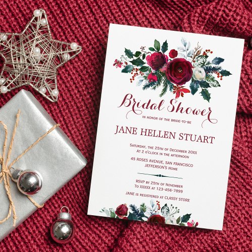 Burgundy pine green winter floral bridal shower invitation