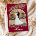 Burgundy Pine Merry & Married Photo Christmas Holiday Card<br><div class="desc">Merry & Married Burgundy Winter Pine Cone Greenery Botanical Photo Christmas Card - Deep, rich reddish-brown Christmas Photo Card for Newlyweds - Sophisticated and Luxurious - Celebrate your first Christmas as newlyweds with this elegant holiday card featuring a dark black background with white accents and festive pine greenery. The trendy...</div>