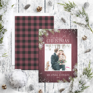 Burgundy Pine Photo New Mr & Mrs Christmas Announcement
