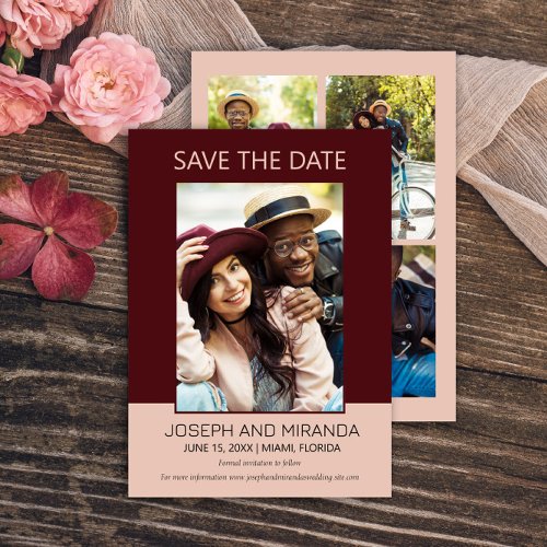 Burgundy Pink 4 Photo Wedding Save Date Save Date Save The Date